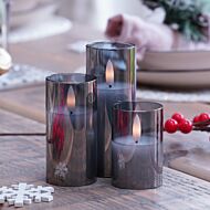 Grey Battery Wax Authentic Flame Candle in Smoked Glass Cylinder, 3 Pack