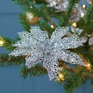24cm Silver Glittered Poinsettia Pick Christmas Tree Decoration
