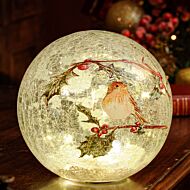 20cm Battery Operated LED Glass Crackle Effect Robin Ball