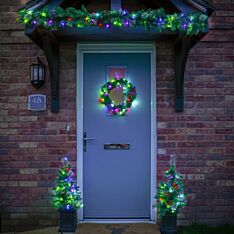 Outdoor Battery Garland, Wreath, 2 Potted Trees Christmas Door Set, Colour Changing LEDs
