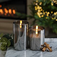 Grey Battery Wax Authentic Flame Candle in Smoked Glass Cylinder, 2 Pack