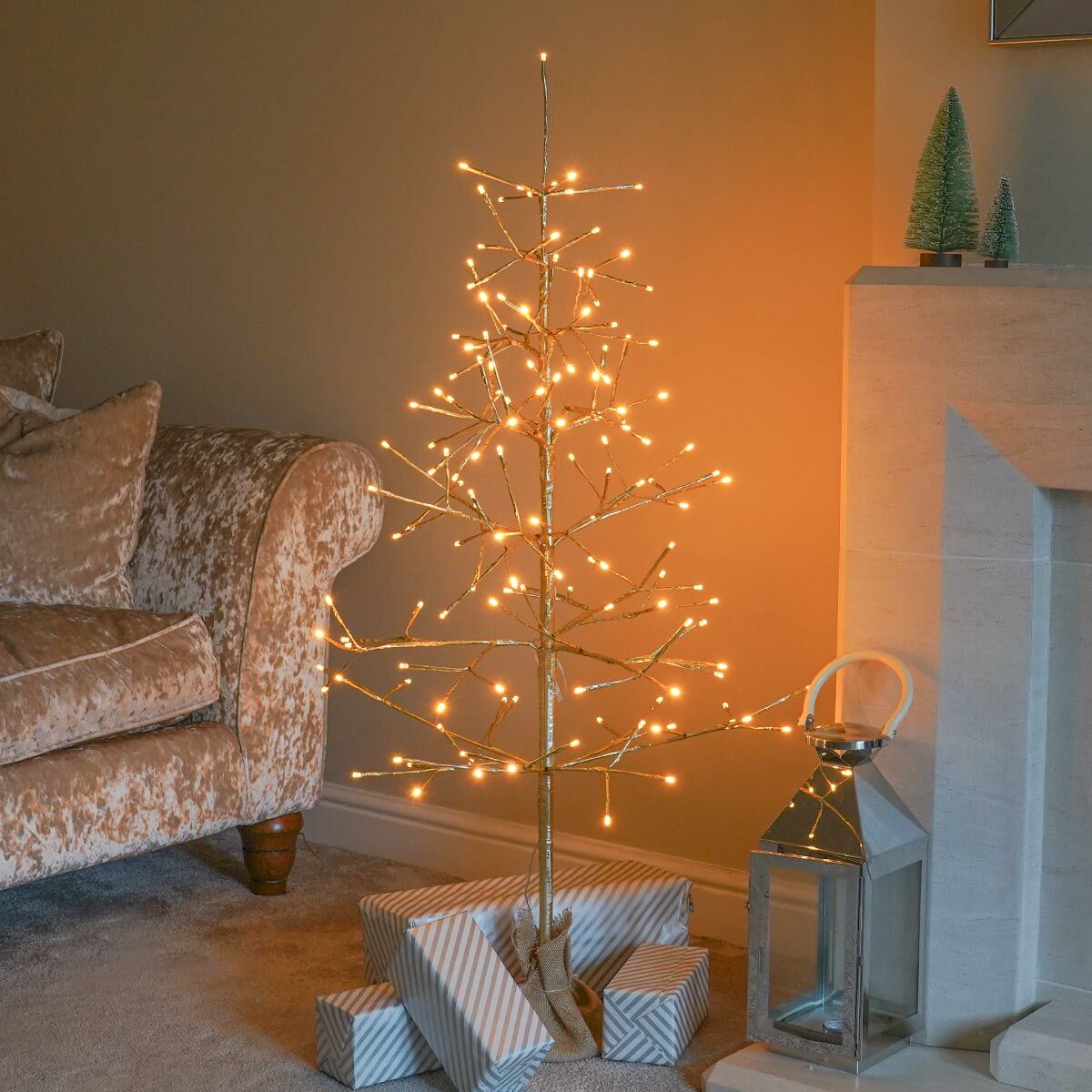 4ft Champagne Gold Twig Tree, Warm White LEDs image 1