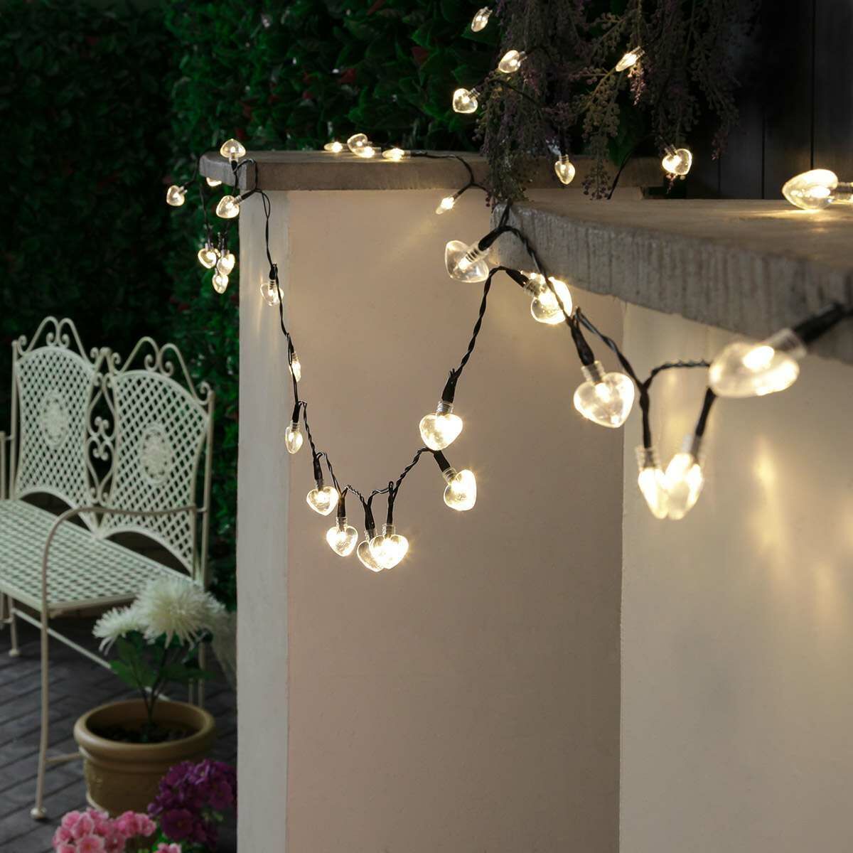 5m Indoor & Outdoor Battery Heart Fairy Lights, Warm White LEDs, Green Cable image 1