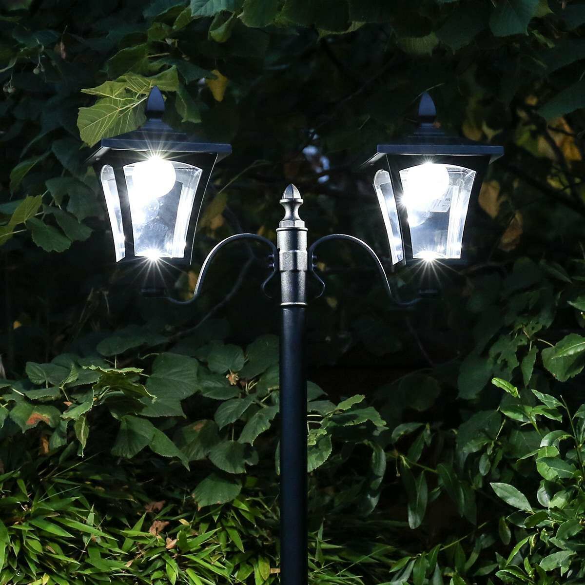 Large Black Twin Head Solar Security Lamp Post, White LEDs, 2.1m image 3