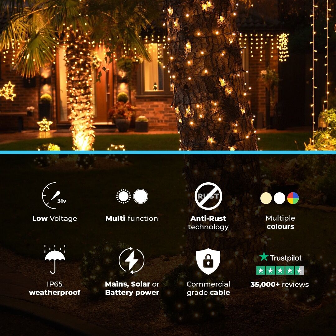 10m Warm White String Lights, Connectable, 100 LEDs, Black Rubber Cable image 2