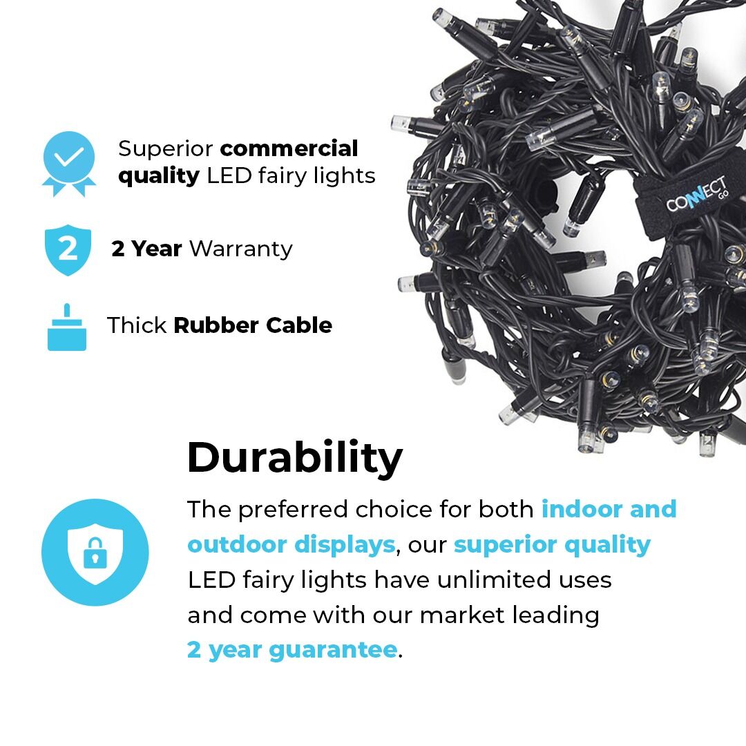 10m Warm White String Lights, Connectable, 100 LEDs, Black Rubber Cable image 4