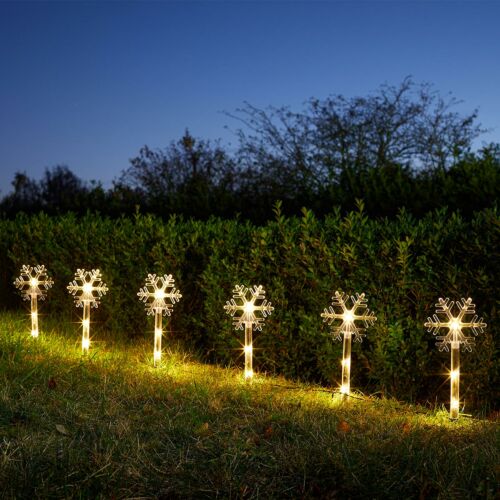 Outdoor Battery Christmas Snowflake Stakes Lights, Warm White LEDs, 8 Pack