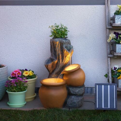 Solar & Plug-in Rustic Tree Trunk Terracotta Water Feature with Planter