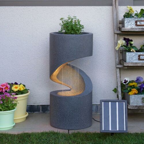 Solar & Plug-in Grey Spiral Rainfall Water Feature with Planter