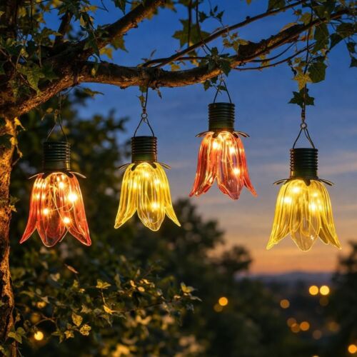 4 Tulip Solar Hanging Lights Pink & Yellow